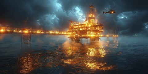 Fototapeta premium Capturing the eerie allure of the ocean at night, a helicopter's beam illuminates the oil rig, enhancing the dramatic scene.