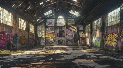 Derelict factory with walls turned into a canvas for giant murals, blending industrial decay with vibrant street art. - obrazy, fototapety, plakaty