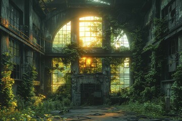 Dilapidated factory overtaken by nature, vines entwining old machinery under a radiant dawn light.