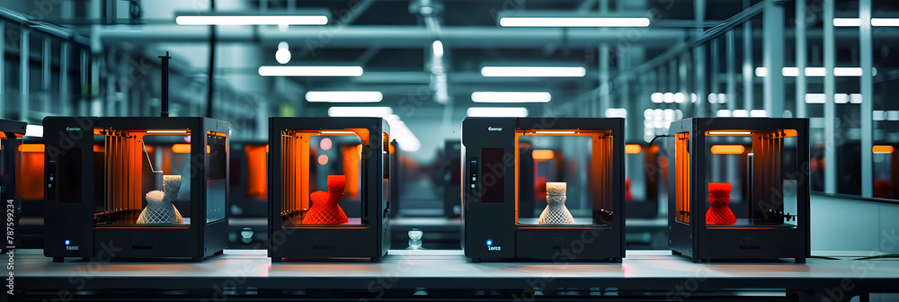 Poster a row of 3d printers working in unison at a futuristic workshop