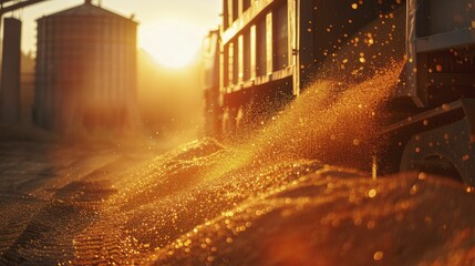 Early morning at a grain silo, golden grains being moved into trucks, backlit by the rising sun.