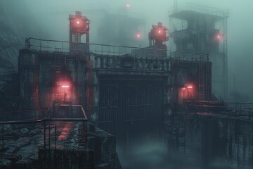 Amidst the abandoned industrial complex, eerie orbs cast a mysterious glow as mist envelops rusted machinery in the dead of night. - obrazy, fototapety, plakaty
