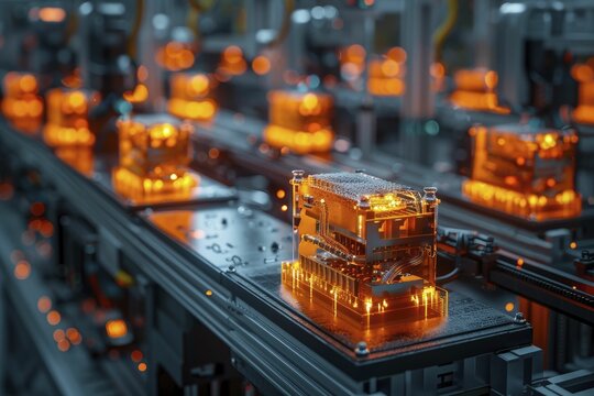 Efficiency and accuracy drive the electric car battery assembly line, emphasizing precision and automation in the production process.