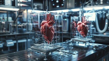 Futuristic biotech lab growing synthetic organs, vessels visible in transparent incubators, showcasing medical advancements. - obrazy, fototapety, plakaty
