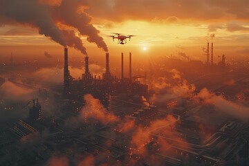 Futuristic industrial landscape with flying drones over massive steel factories, sunset glow illuminating smoke stacks. - obrazy, fototapety, plakaty