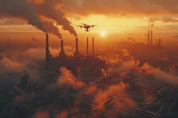 Poster Futuristic industrial landscape with flying drones over massive steel factories, sunset glow illuminating smoke stacks. © Kanisorn