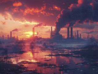 Industrial wasteland at dusk, smokestack silhouettes against a fiery sky, a hint of industrial decay and former glory. - obrazy, fototapety, plakaty