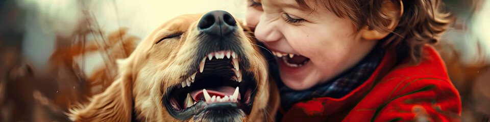 A child with autism laughing and playing with a therapy dog, showcasing a special bond