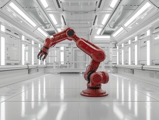 Minimalist industrial design concept, stark white factory interior with a single red robotic arm in action. - obrazy, fototapety, plakaty
