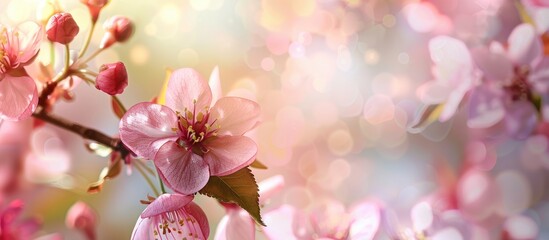 Header with pink flower, buds, and space for text in the spring.