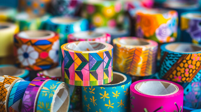 A roll of washi tape with colorful patterns and designs.