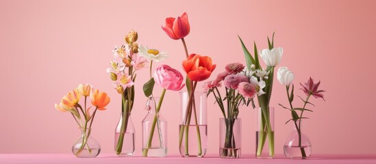 Spring flowers in glass vases on a soft pink backdrop.