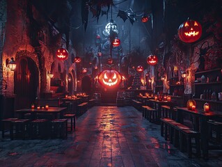 Spooky Halloween themed event in an old factory, eerie decorations synergizing with the industrial backdrop. - obrazy, fototapety, plakaty
