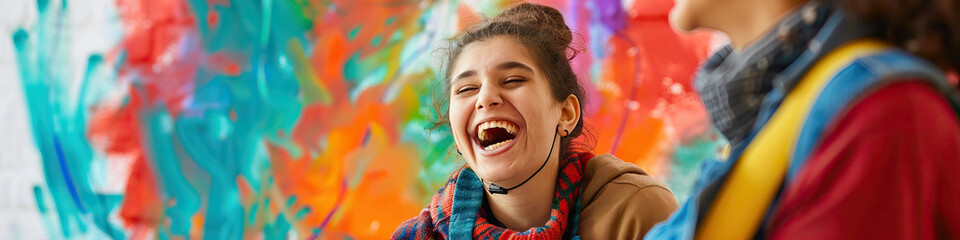 A person with a cognitive disability smiling while engaging in a creative art therapy session - obrazy, fototapety, plakaty