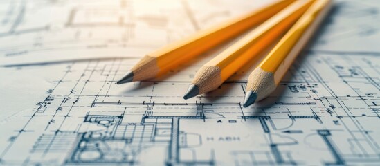Architectural plans and blueprint scrolls along with two yellow pencils.