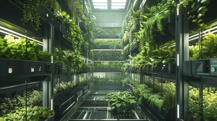 Amidst metallic structures, verdant layers ascend in a vertical farm within an urban industrial building. - obrazy, fototapety, plakaty