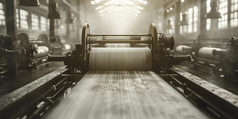 Vintage black and white photo of an old textile factory, looms in motion, capturing the essence of early industrial age.