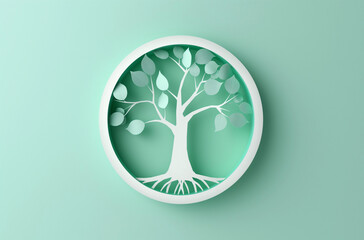 Cut-Paper Tree Artwork, Mint Green on Light Aqua Background with Copy Space