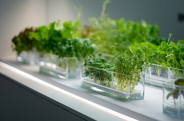 Assorted Fresh Herbs in Transparent Pots, Indoor Kitchen Garden