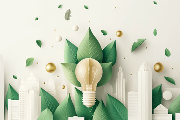 Eco-Friendly Concept, 3D Paper Art Style, Lightbulb with Green Leaves and Cityscape, with Copy Space