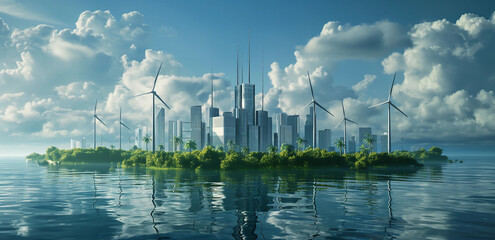 Futuristic Cityscape with Wind Turbines and Waterfront, Green Energy Concept - obrazy, fototapety, plakaty