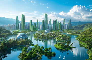 Fototapeta premium Futuristic Eco-City with Lush Greenery and Sustainable Architecture