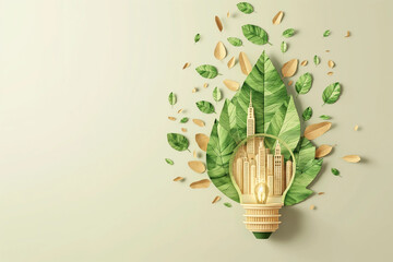 Eco-Friendly Urban Design, Green Leaves Encircling Lightbulb, Paper Art Cityscape, Light Green Background with Copy Space