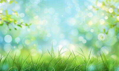Obraz premium Spring Freshness, Bokeh Light Effect over Fresh Green Grass and Branches, Nature Background with Copy Space