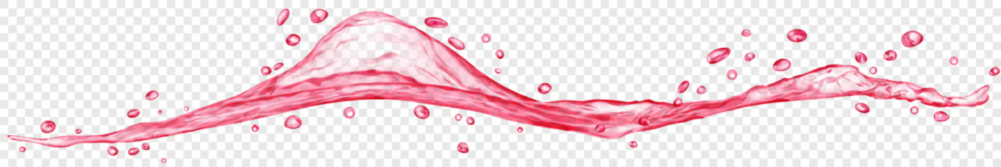 Long translucent water wave with drops, in red colors, isolated on transparent background. Transparency only in vector file