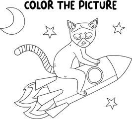 Kids coloring book page. Lemur on a rocket ship isolated on white background.