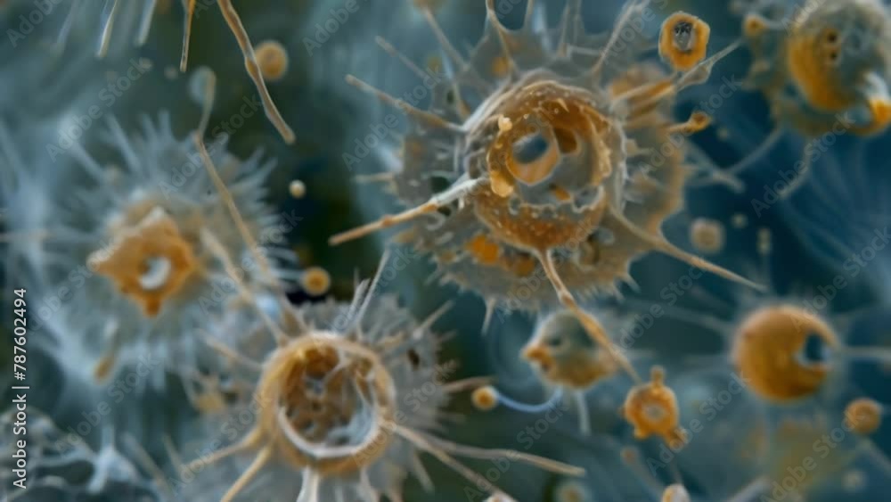 Poster in this microscopic image a group of ciliates battle it out with their impressive defense mechanisms