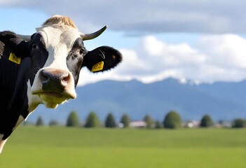 Close-up of a black and white cow's head in focus with a background of a green field and distant mountains