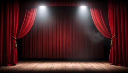 Red stage curtains with a spotlight on a wooden stage floor and theatrical smoke above - obrazy, fototapety, plakaty