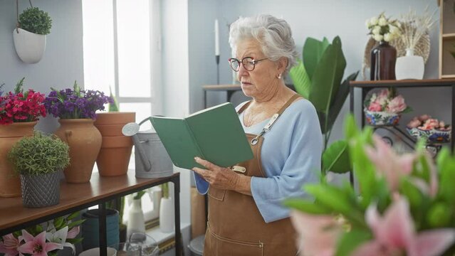 Elderly woman examines plants in a florist shop holding notebook