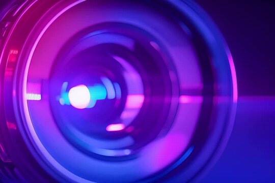 Camera lens close-up with colorful reflections. Zooming in on a camera lens from blur to sharp focus