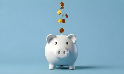 White piggy bank with coins falling into the slot on a light blue background