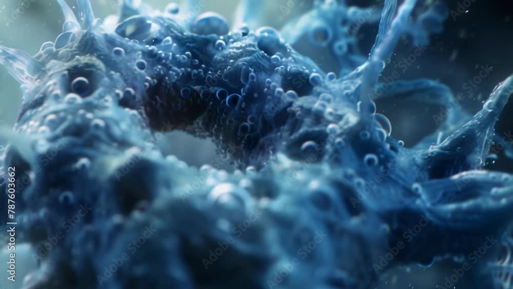 Poster a detailed closeup of an amoeba with its everchanging shape and intricate pseudopods extended in all