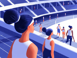 An illustration of athletes in a stadium with a prominent female figure in the foreground looking on.