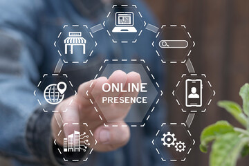 Man using virtual touch screen presses inscription: ONLINE PRESENCE. Online presence growth web...