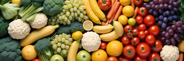 Assorted fresh fruits and vegetables including bananas, tomatoes, carrots, grapes, lemons, cauliflower, and corn arranged closely together - obrazy, fototapety, plakaty