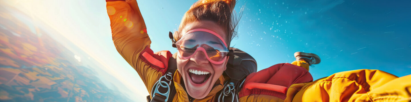 A person with a mobility impairment smiling while skydiving with the assistance of an experienced instructor
