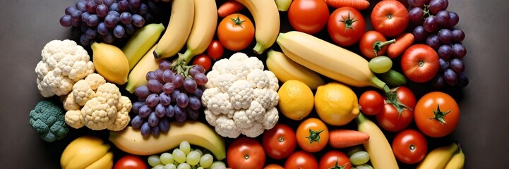 Assorted fresh fruits and vegetables including bananas, tomatoes, carrots, grapes, lemons, cauliflower, and corn arranged closely together - obrazy, fototapety, plakaty