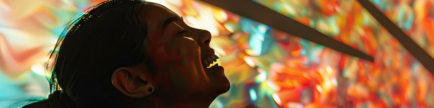 A person with a visual impairment laughing while experiencing a tactile art exhibit with descriptive audio