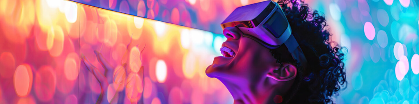 A person with a visual impairment laughing while experiencing a tactile art exhibit with descriptive audio