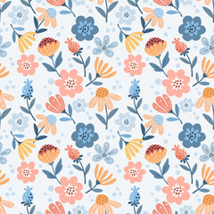 Fototapeta na wymiar Cute colorful blooming flowers seamless pattern. This pattern can be used for fabric textile wallpaper giftwrap paper background.