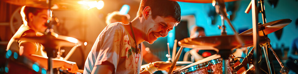 A person with a physical disability smiling while playing adaptive musical instruments in a band - obrazy, fototapety, plakaty