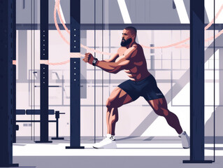 Illustration of a muscular man working out with ropes in a gym.