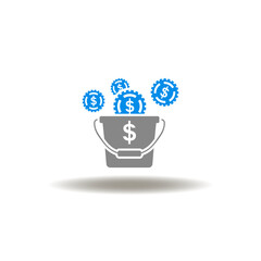 Vector illustration of bucket with money coins. Icon of revenue. Symbol of investments and profits. © wladimir1804