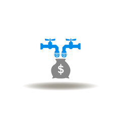 Vector illustration of money bag and taps with coins flow. Icon of revenue multiplication. Symbol of increase finances.