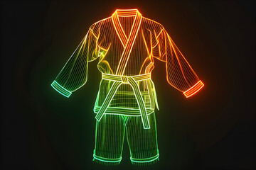 Fototapeta na wymiar Neon wireframe karate uniform isotated on black background.